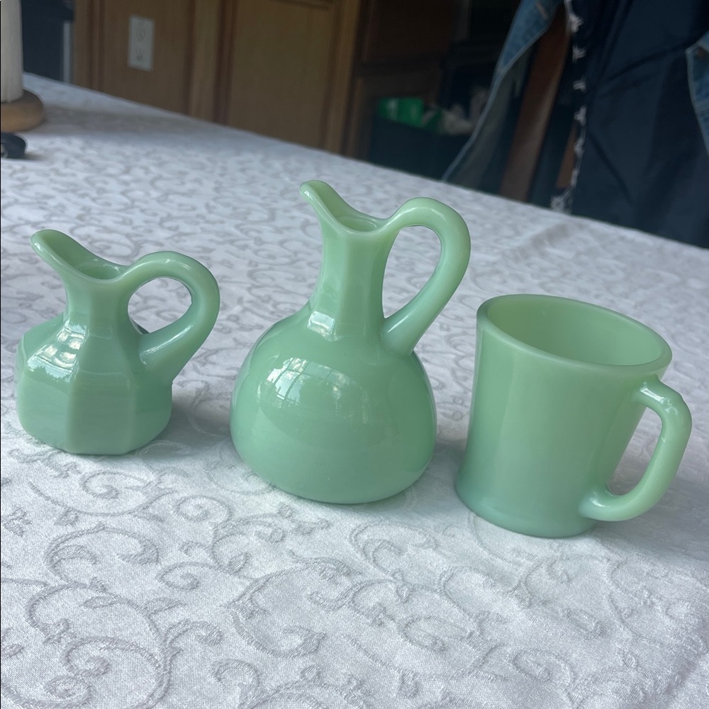 Vintage Jadeite Green Glass Pitchers and Mug Set of 3